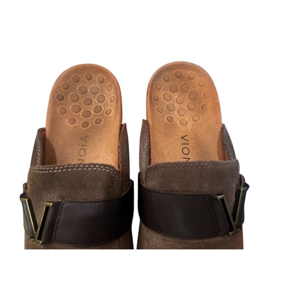 Sold Vionic Maude Suede Leather Mules Womens 9 Brown Logo Strap Orthopedic - Picture 5 of 10